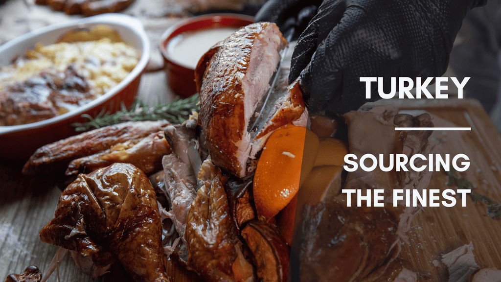Image of a delicious turkey meal with the text 'Turkey Sourcing The Finest.' A perfectly cooked turkey surrounded by savory side dishes, highlighting CarniStore's commitment to sourcing the finest quality turkeys for a delightful dining experience.