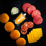 4 Angus Beef Patties
4 Potato Buns or Lettuce Wraps
4 Cheddar Cheese Slices
Burger Sauce
Onions & Tomatoes