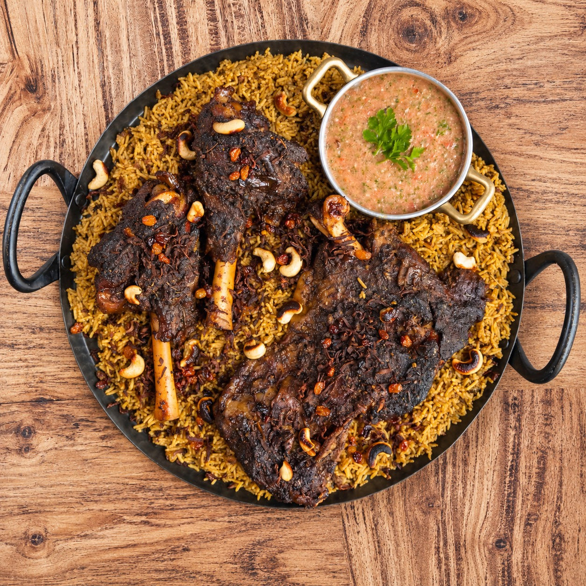 CarniStore smoked lamb platter with two shanks and a shoulder over spiced rice, served with salsa.