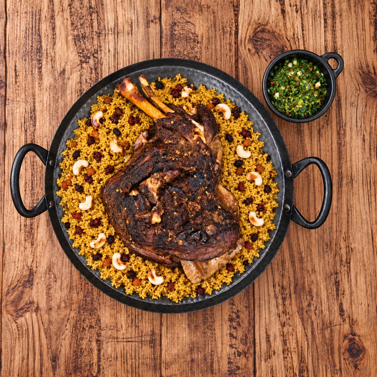 CarniStore smoked lamb shoulder on spiced rice with cashews and raisins, with chimichurri served alongside.