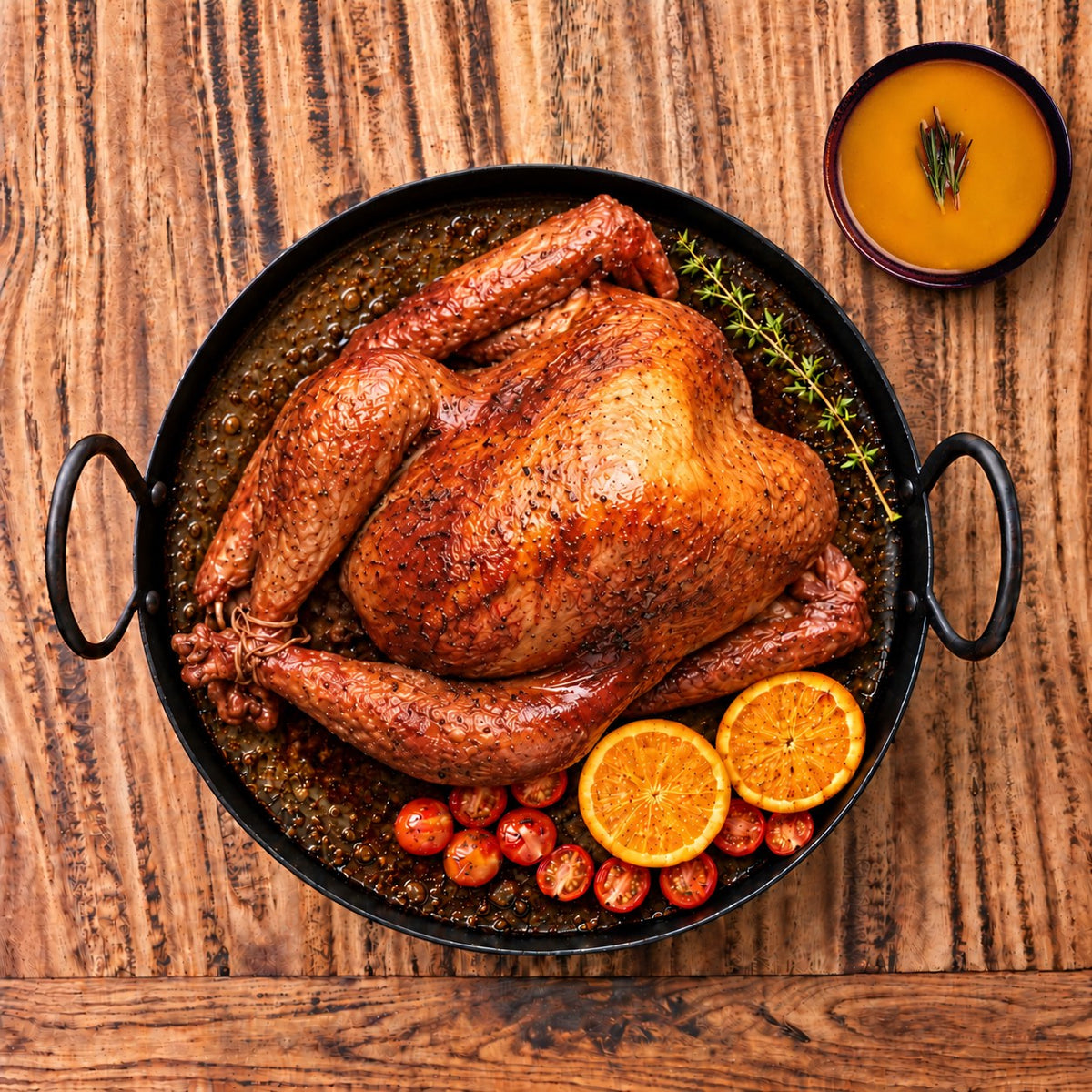 Whole oak-smoked turkey with citrus and cherry tomatoes, served with smoked broth gravy on a wooden table.